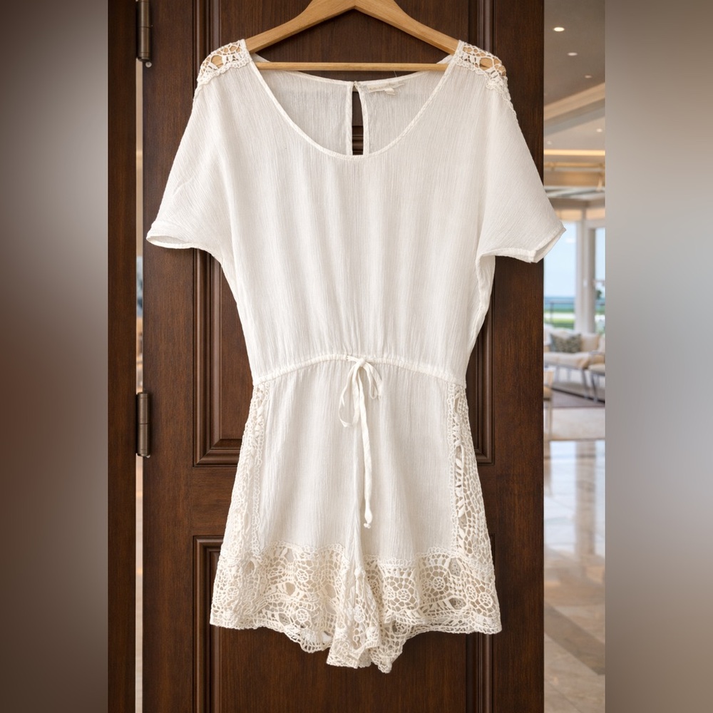 La Blanca White Boho Lace Romper | Size M | Made in India | Resort Beachwear